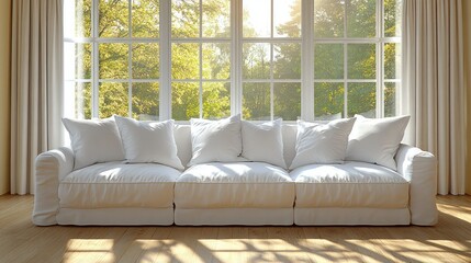 Sunny living room with white sofa