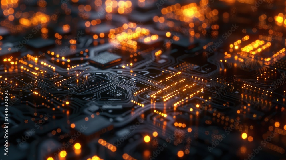 Poster glowing orange circuit board with detailed lines and patterns on a dark background. digital art for 