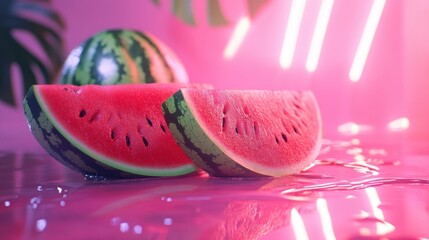 Sliced watermelon pieces close up on a wet pink surface with neon lights and tropical leaves in the background for summer vibes