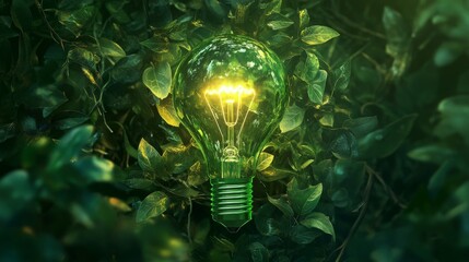 A glowing light bulb nestled amidst a dense arrangement of green leaves, evoking sustainability and renewable energy. Perfect for environmental branding and eco-friendly concepts.. AI Generation