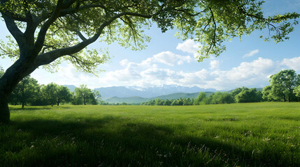 Fototapeta premium Green Meadow With Trees And Mountains In Summer