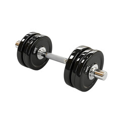 Naklejka premium Black dumbbell with metal plates isolated on black background for fitness and strength training.