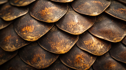 A close-up of a pangolin's overlapping keratin scales, each uniquely textured and subtly tinted with earthy hues. The lighting is dramatic yet soft, casting delicate highlights that bring out the ru