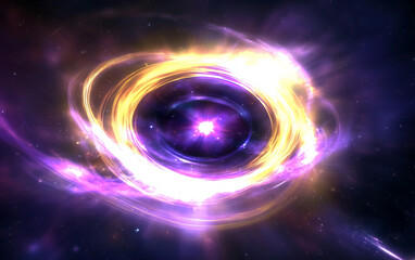 Obraz premium Abstract Space Background with Glowing Rings, Star, Nebula, and Cosmic Dust in Purple and Gold