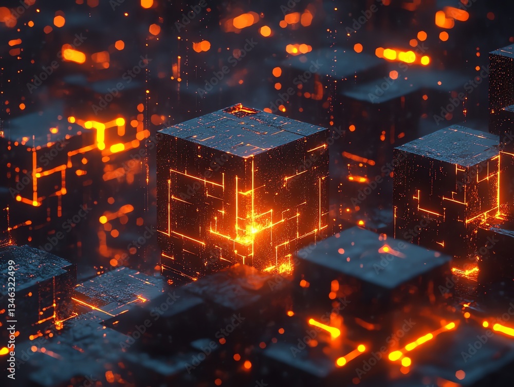 Poster glowing cubes: fiery network of illuminated blocks