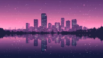 Fototapeta premium A pixelated city skyline reflected on water at night