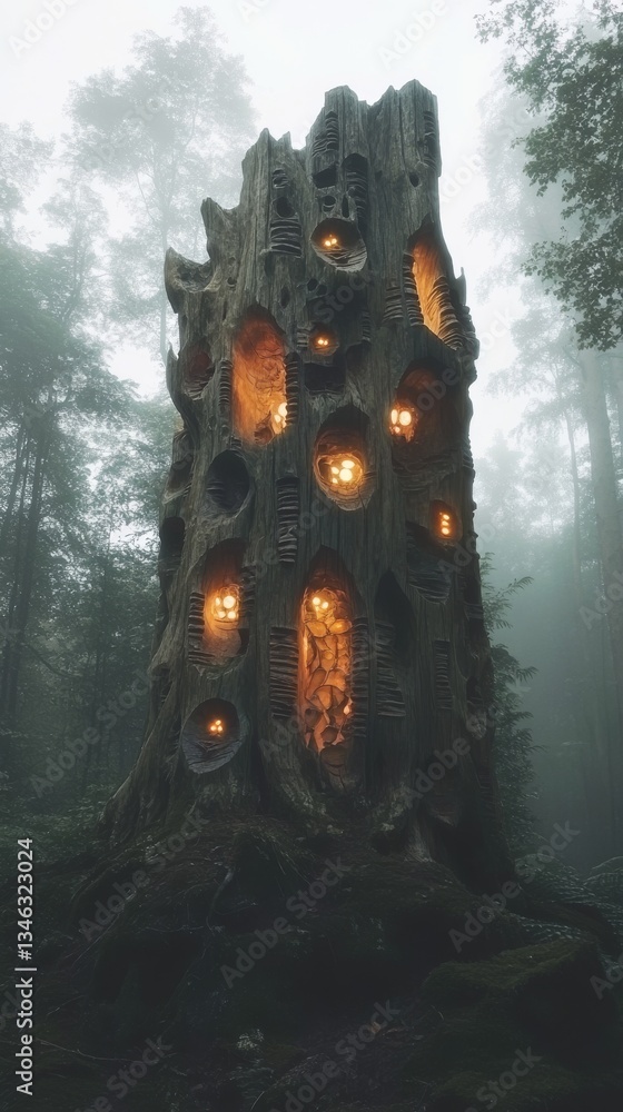 Poster a mystical glowing tree stump featuring detailed carvings and illuminated from within, set in a dens