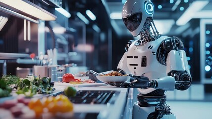 Fototapeta premium Futuristic Chef: A Robot Preparing a Meal in a Sleek Modern Kitchen