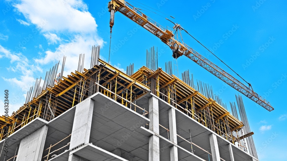 Poster a modern construction site with a towering crane operating above a multi-story building under constr