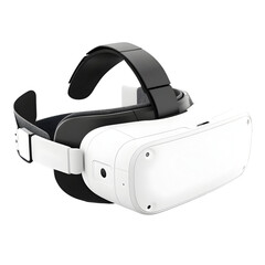 Modern white virtual reality headset with an adjustable head strap isolated on a white background.
