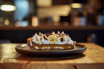 Banoffee Pie (UK) A rich banoffee pie with a visible cross-section showcasing layers of banana slices