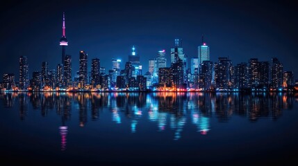 Fototapeta premium A nighttime cityscape showing buildings reflected in a lakes surface