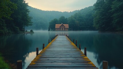 Obraz premium Misty morning lake scene with wooden house and dock.