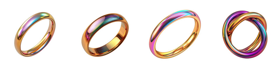 A collection of vibrant metallic rings with curved twisted and geometric designs in various shades of gold chrome and iridescent colors