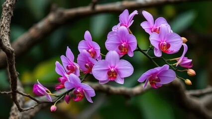 Obraz premium Delicate pink orchid blooms on a twisted tree branch, nature, tropical