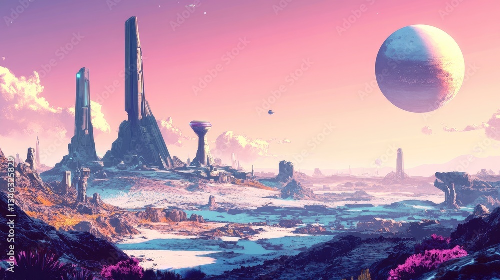 Poster an alien landscape features futuristic structures and a large planet