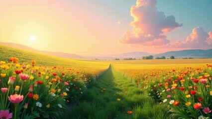 Obraz premium Serene Sunset Over a Vibrant Meadow of Blossoming Flowers and Lush Grass Path