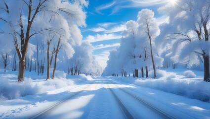A breathtaking winter landscape featuring a serene snow-covered road stretching into the distance, lined by tall trees with branches heavily laden with fresh snow. 