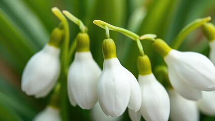 Obraz premium Delicate snowdrop petals unfold in soft green hues with subtle white accents, gentle, flower