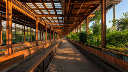 Rust Colored Metal Structure Corridor With Glass Roof And Green Plants In Sunlight creating Shadows and Geometric Lines