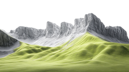 Green grassy hills leading to majestic gray mountains with transparent background
