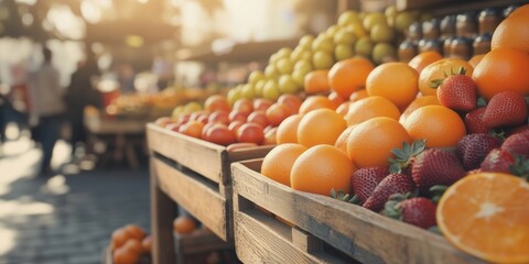 Crates filled with locally grown fresh produce line the shelves of the community farmers market. One stop shopping for organically grown fruits and berries.