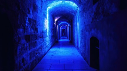 Fototapeta premium An illuminated blue stone arched hallway stretches towards the distance