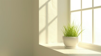 White Ceramic Pot with Grass on a Sunlit Window Sill