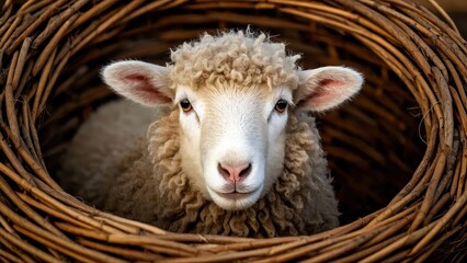 Naklejka premium A gentle lamb nestled in a woven willow nest, a picture of peaceful serenity with warm earthy tones and soft natural light.