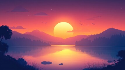 Obraz premium A Beautiful Lake Scene With Sunset Over Mountains