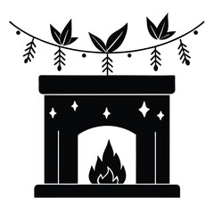 cozy fireplace with hanging garland