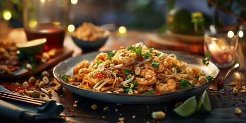 Plate of spicy pad thai garnished with peanuts and lime on a Thai table, 4K hyperrealistic photo.