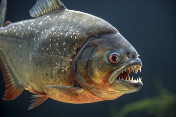 Piranha swims in aquarium with sharp teeth visible and vibrant colors showcasing its natural habitat in a controlled environment