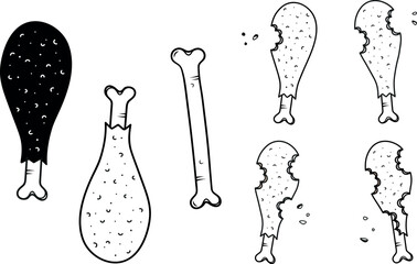 Sketch icon of frame of chicken thigh eaten, animation chicken food, bone of chicken thigh	