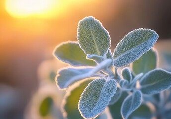 Frosty sage leaves glisten in the warm glow of sunrise.