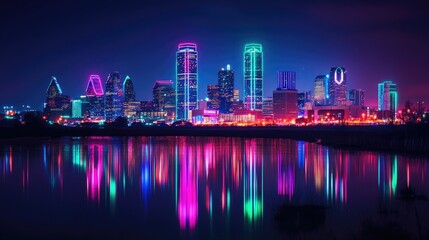 Illuminated cityscape with water reflection at night featuring modern architecture