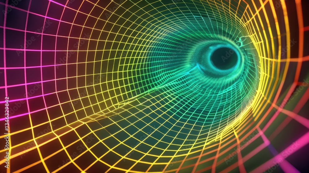 Poster abstract digital image of a colorful vortex with grid patterns on a dark background. digital artwork