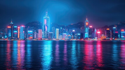 Fototapeta premium A vibrant cityscape reflecting colorful lights on the water at night