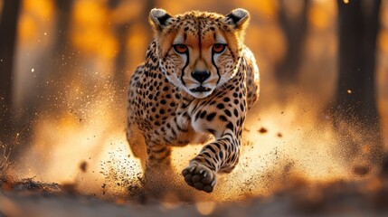 Cheetah running through dry grass, kicking up dust.