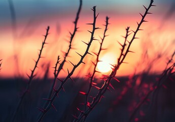 Fototapeta premium Thorny branches silhouetted against a vibrant sunset sky.