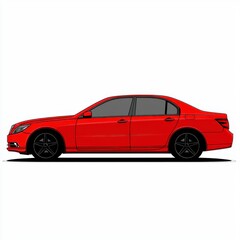 Bright Red Sedan Car Side View, Stylish Design with Sleek Lines and Modern Elegance on a White Background