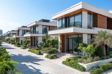 Fototapeta premium Modern townhouses in Al Maimah, Dubai, with white walls, wooden accents, flat roofs, and large windows, surrounded by lush greenery in a desert setting.