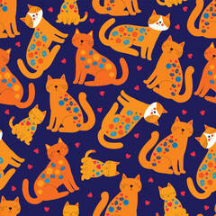 Seamless pattern with cute floral cats on dark background. Adorable orange cats with flowers pattern