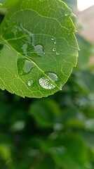 Close-up of a raindrop on a leaf, 4K hyperrealistic photo