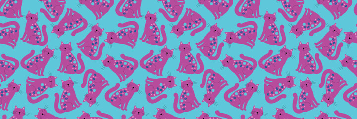 Whimsical pink kitty seamless pattern for fabric. Decorative seamless background with happy cats