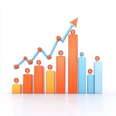 Colorful 3D Bar Graph with Arrow and Dollar Signs Illustrating Financial Growth and Success in Business