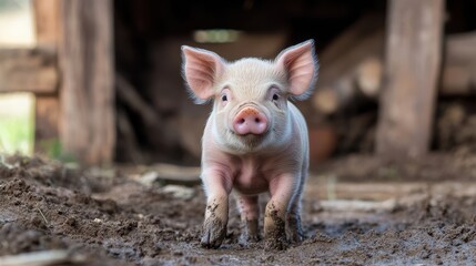 Adorable Piglet Playing in Muddy Farmyard Surrounded by Nature
