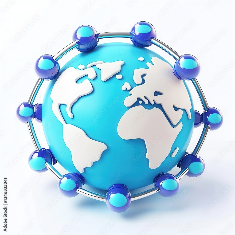 Poster 3d rendering of a stylized earth globe with blue and white colors and spheres representing connectio