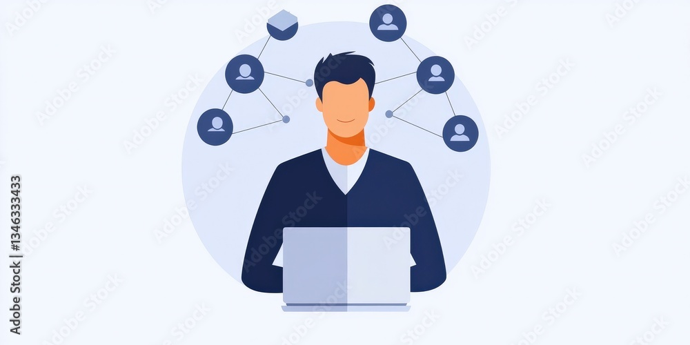 Aufkleber utility resources optimization concept. person working on laptop with network connections illustrate