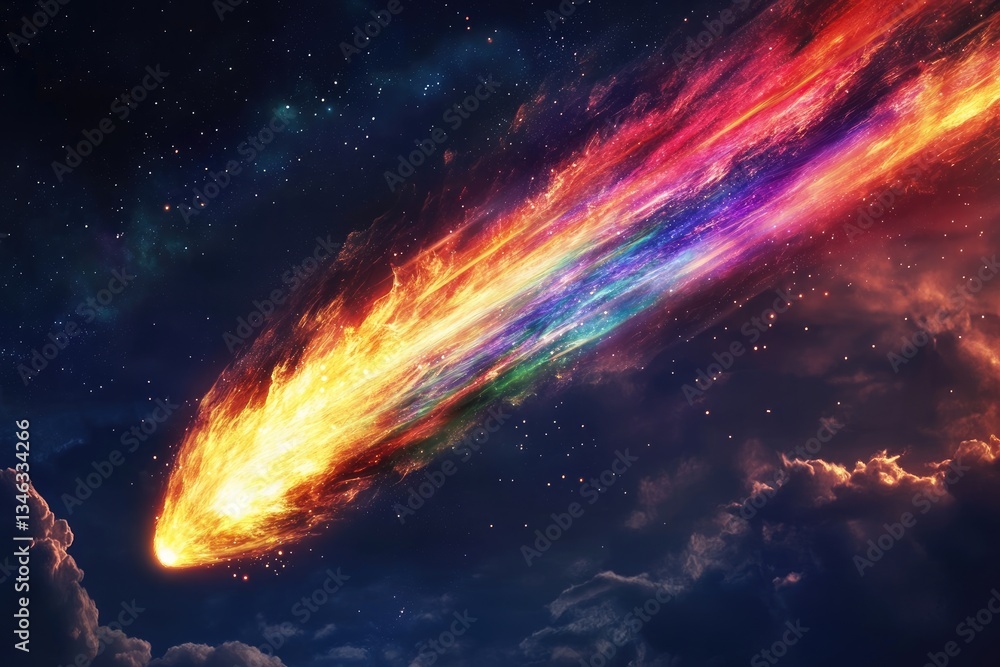 Poster a colorful and fiery meteor streaking across a dark starry space
